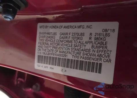 2019 Acura Tlx Tech A-Spec Pkgs from USA, damaged, VIN 19UUB1F61KA003291